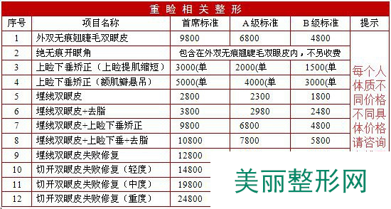 2016眼部整形手术价格表【价目表】