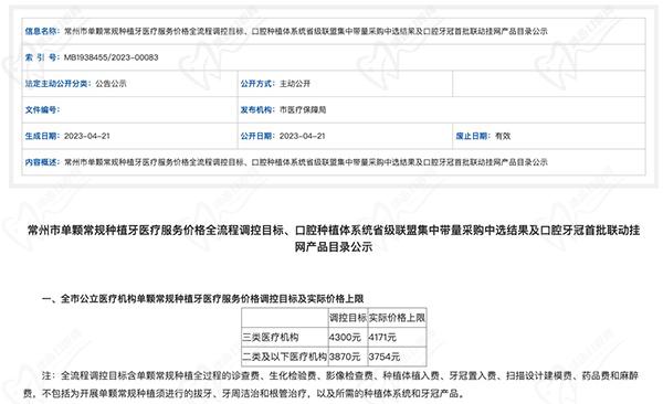 常州种植牙集采新消息：常州市单颗常规种植牙价格不超过4171元